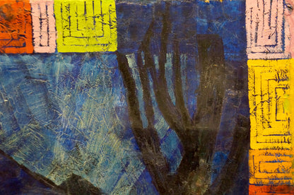Oil painting Night landscape with bold blue yellow orange geometric blocks textured brushstrokes dark tree silhouette