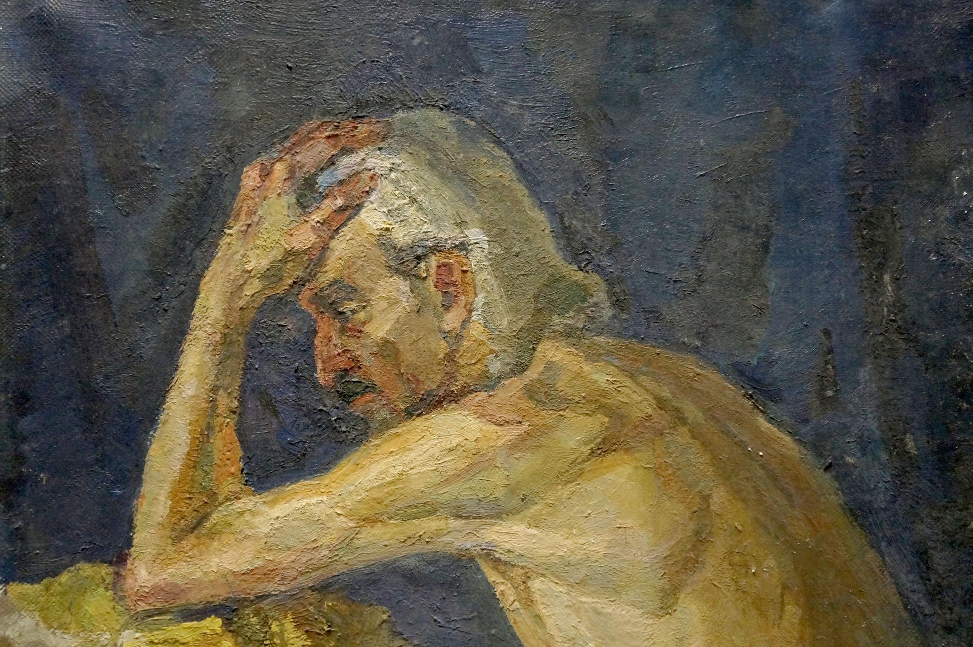 Oil painting of pensive grandfather portrait by Maria Titarenko