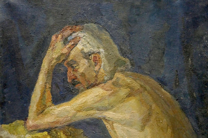 Oil painting of pensive grandfather portrait by Maria Titarenko