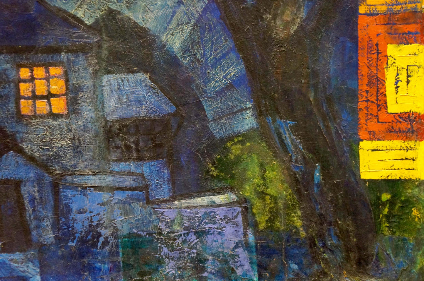 Oil painting Night landscape: textured abstract dark blue house with orange window