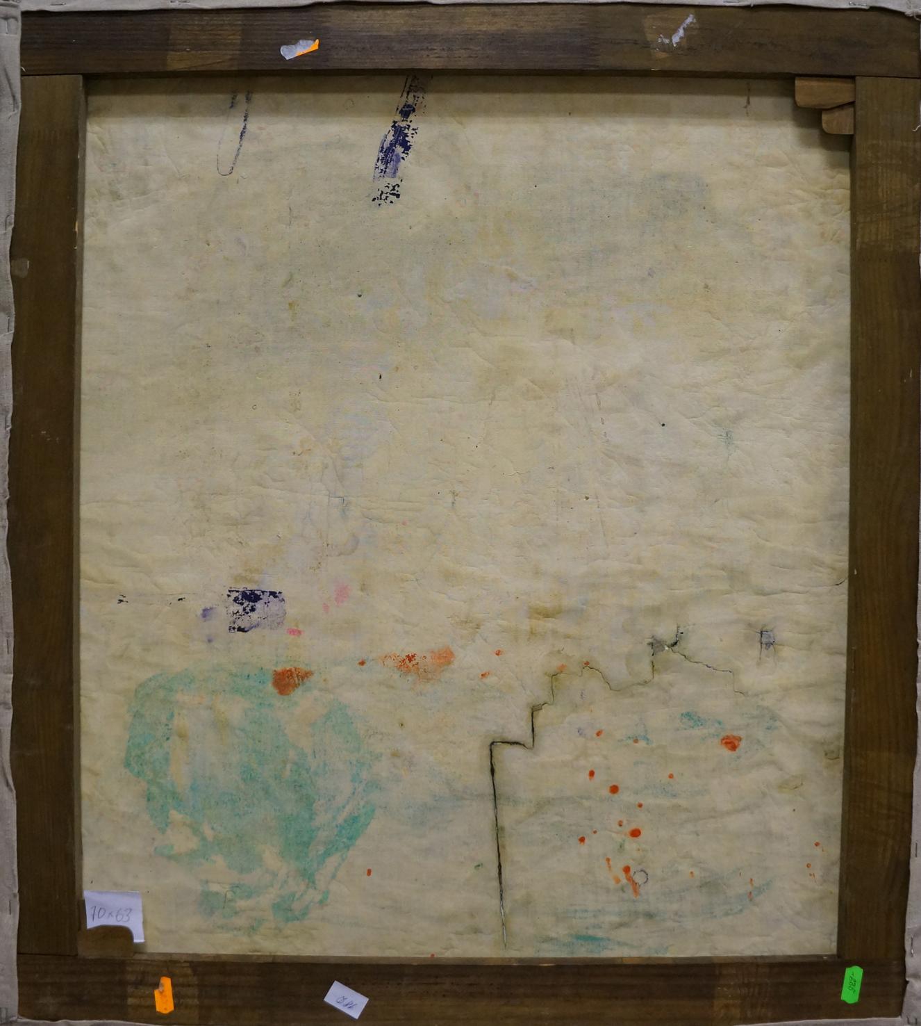 Back of framed Oil painting Cliffs in the sea Veber with paint splatters