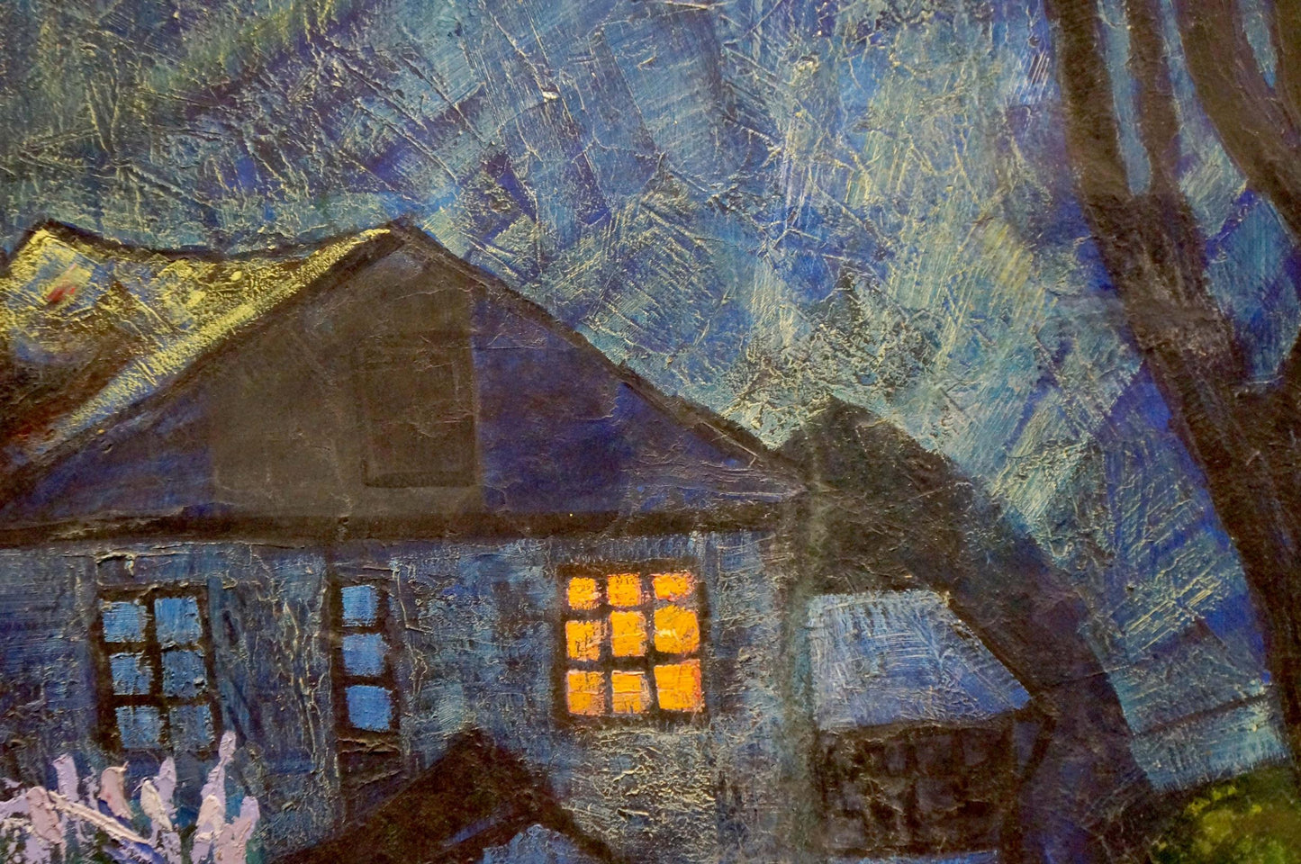 Cozy blue house with glowing yellow window in starry night oil painting