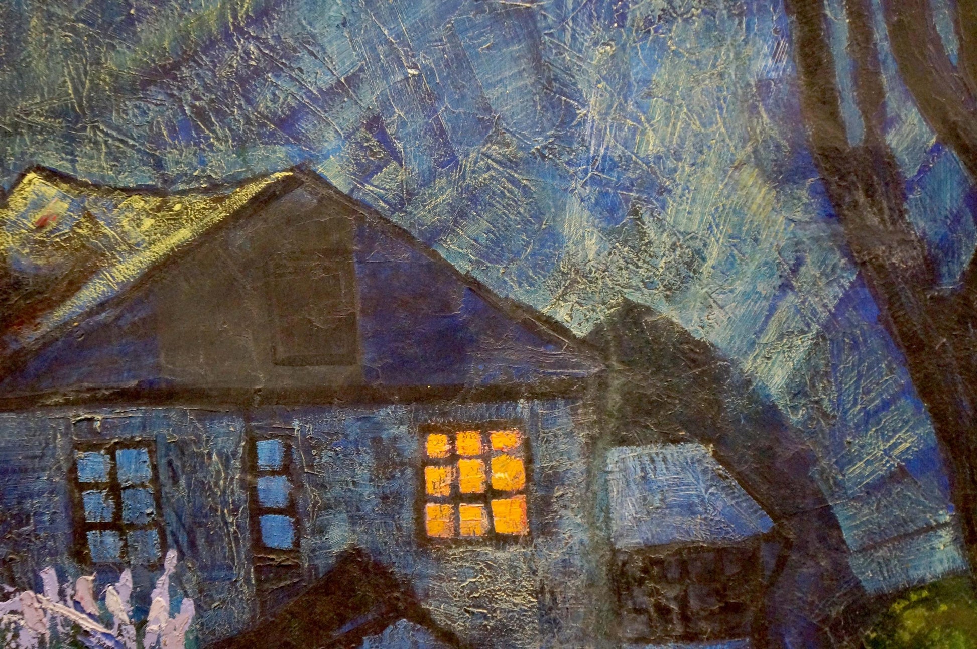 Cozy blue house with glowing yellow window in starry night oil painting