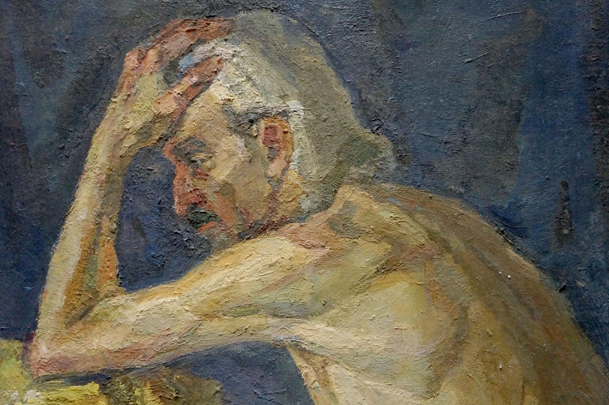 Oil painting of pensive grandfather portrait by Maria Titarenko