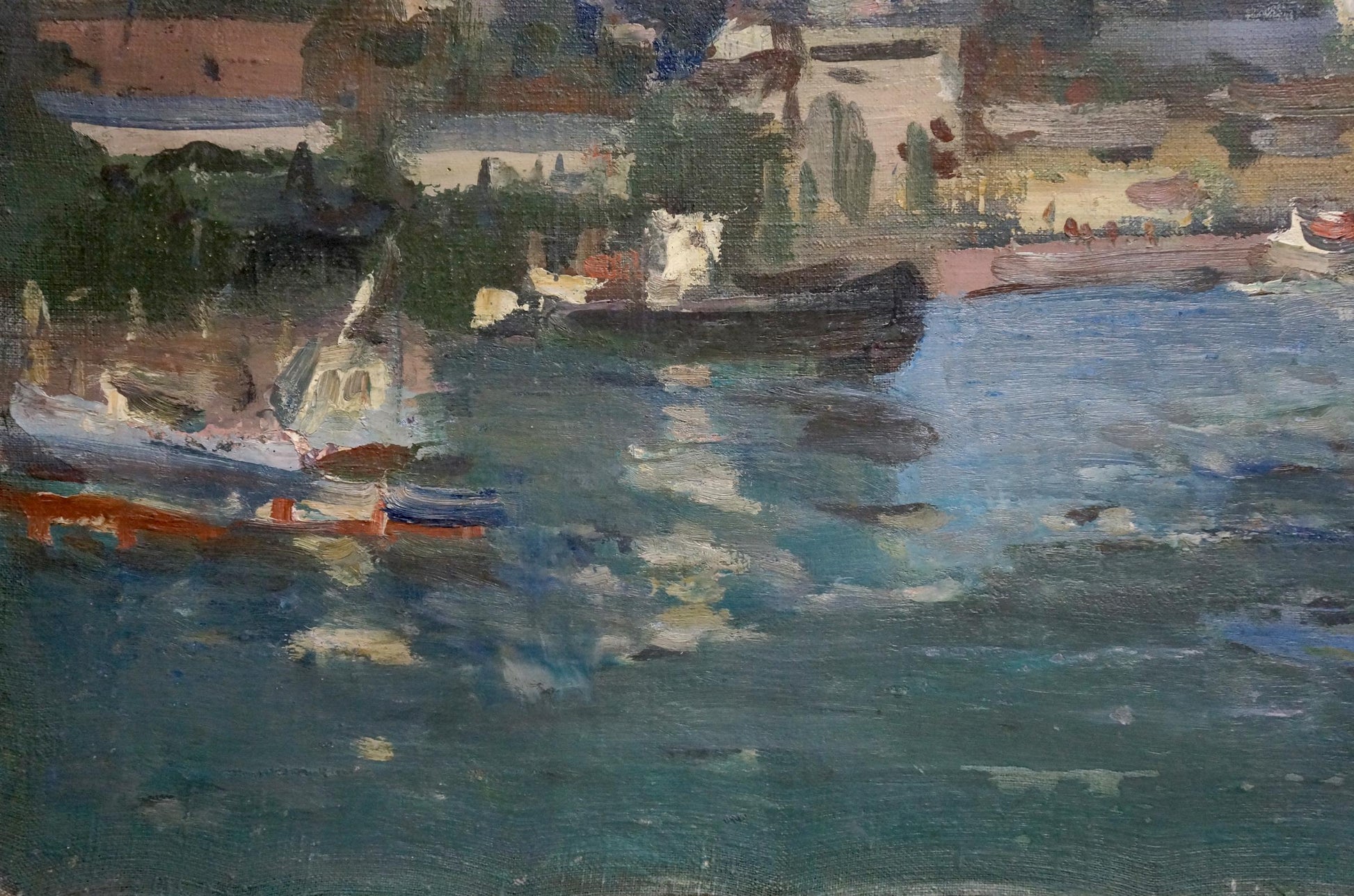 Textured impressionist oil painting of coastal city harbor by Karelin Vyacheslav Dmitrievich