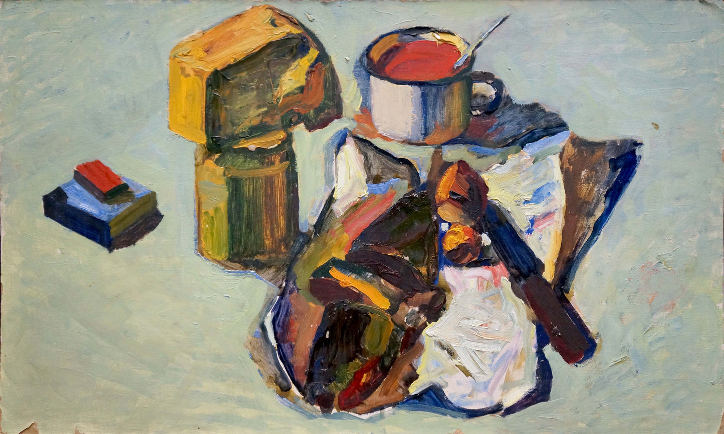 White ceramic mug with red liquid and spoon in Yuri Ivanovich Kiyansky oil painting