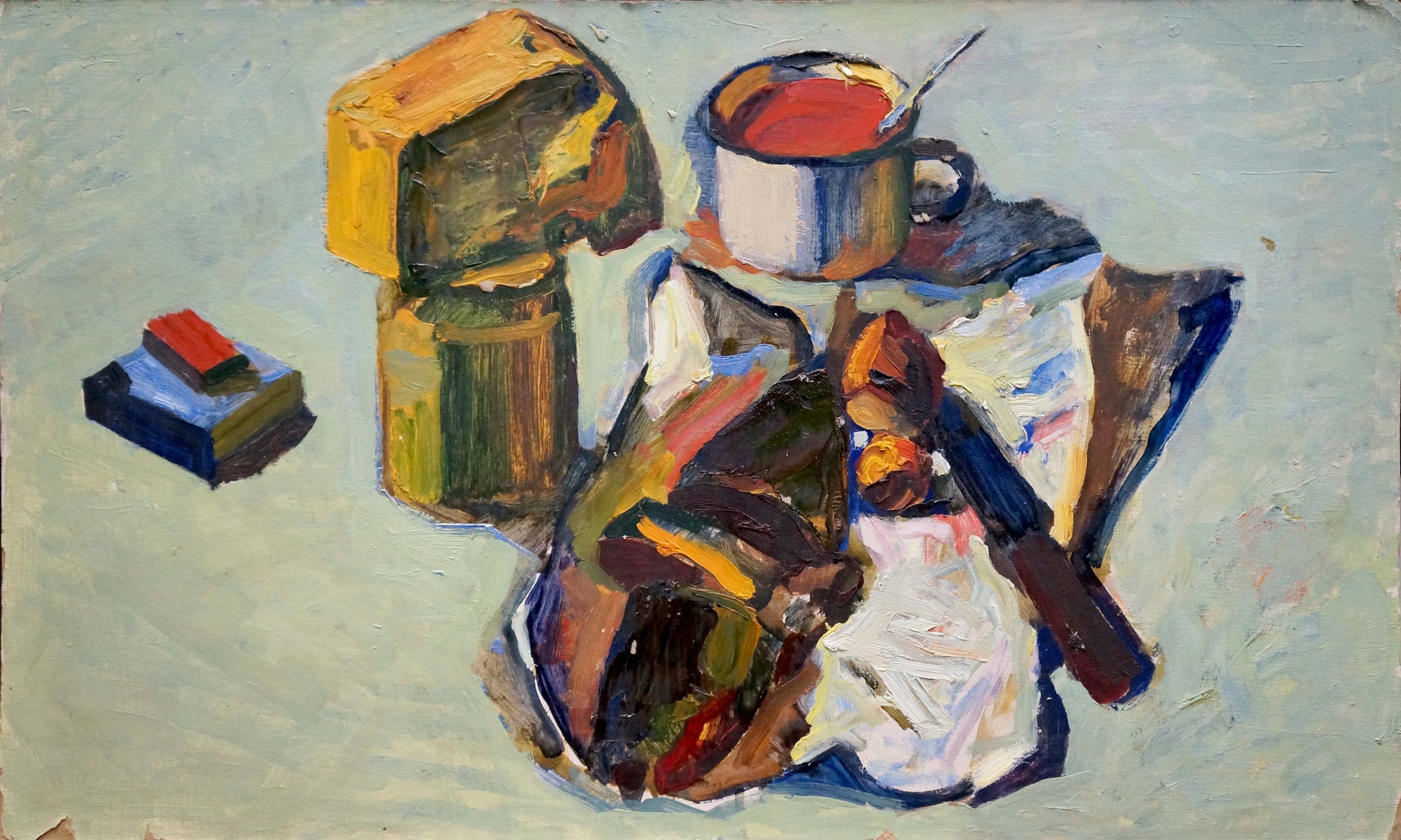 White ceramic mug with red liquid and spoon in Yuri Ivanovich Kiyansky oil painting