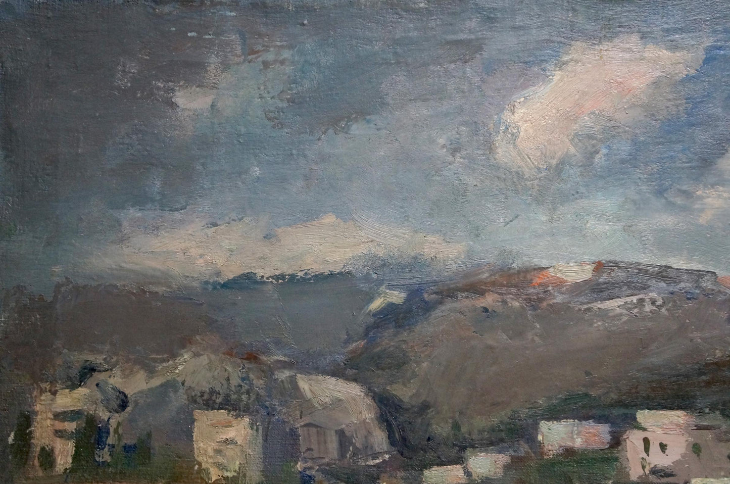 Textured oil painting of coastal city near mountains by Karelin Vyacheslav Dmitrievich