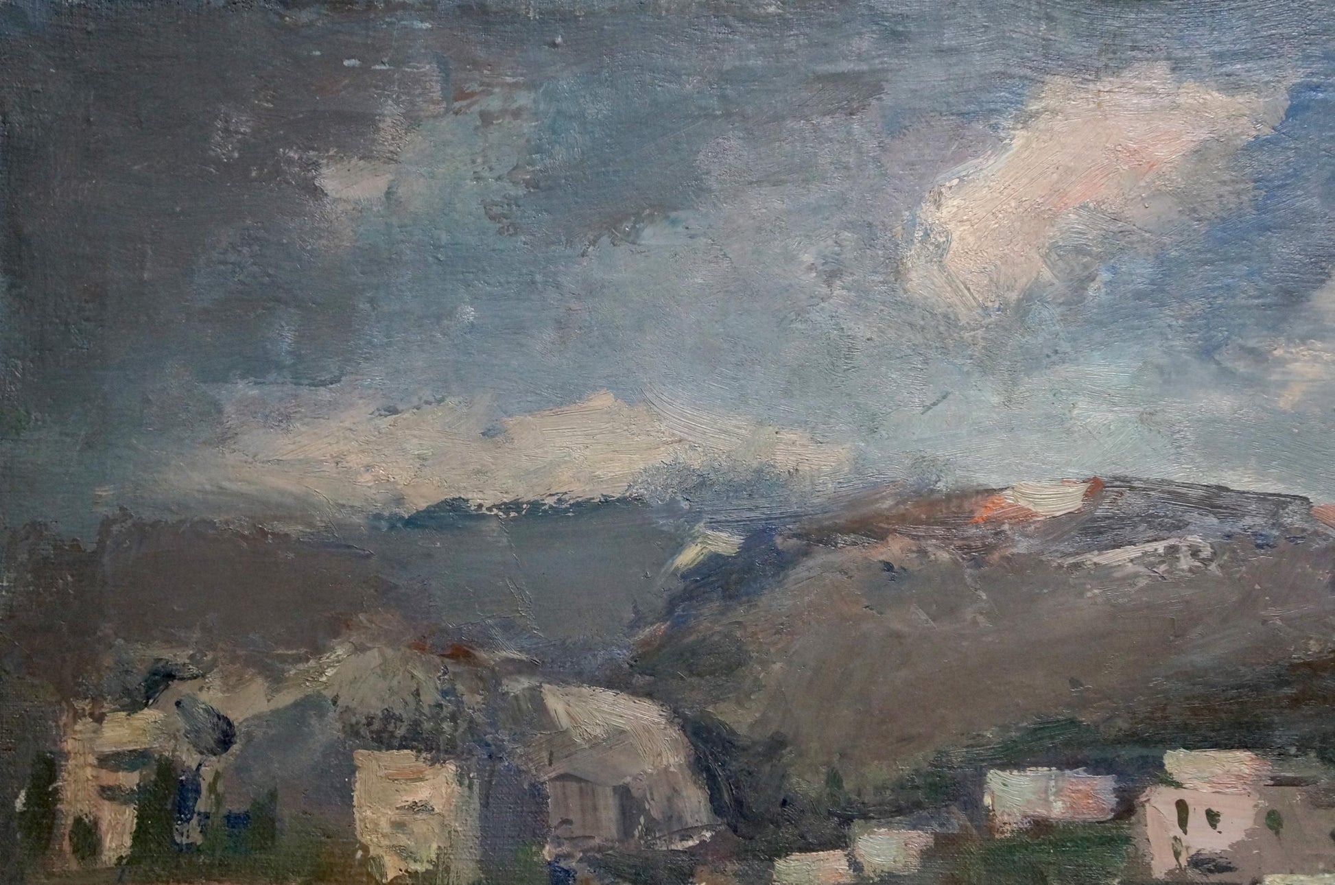 Textured oil painting of coastal city near mountains by Karelin Vyacheslav Dmitrievich
