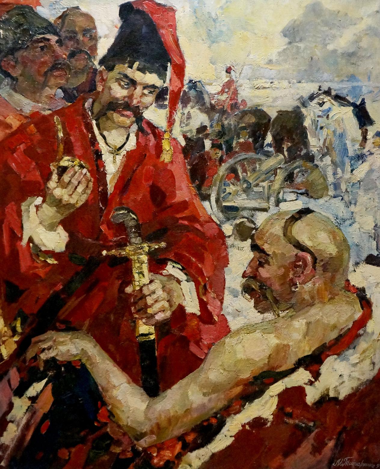 Oil painting of Cossacks by Maria Titarenko: vibrant red robe and hat