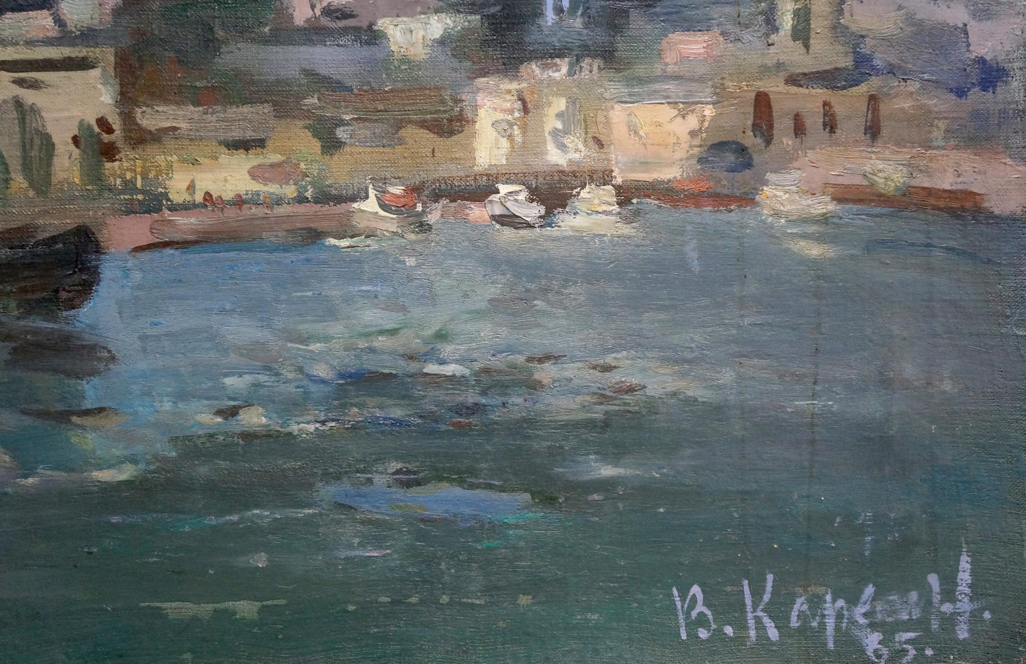 Textured impressionist oil painting of coastal harbor by Karelin Vyacheslav Dmitrievich