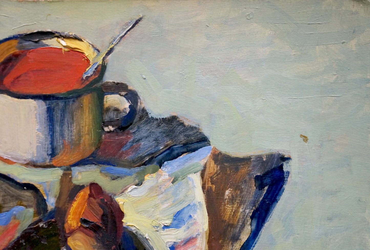 Abstract oil painting by Kiyansky Yuri Ivanovich: vibrant red soup in metallic cup