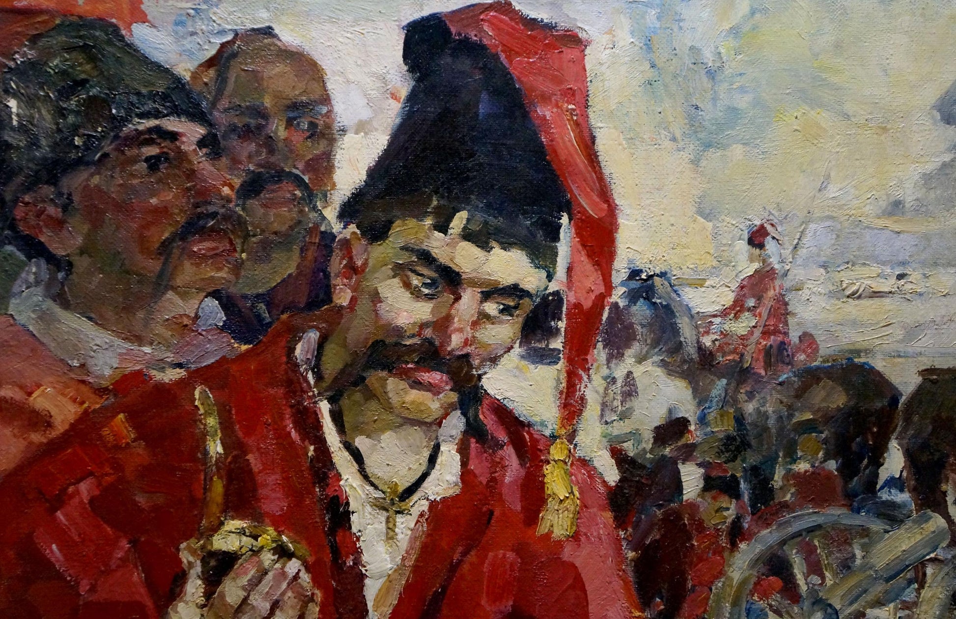 Oil painting of Cossacks by Maria Titarenko in red robe and hat