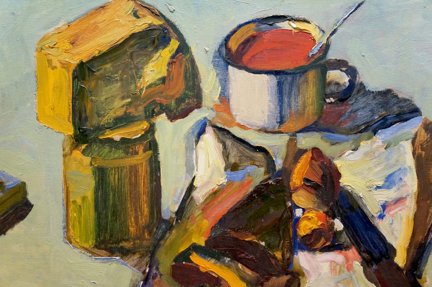 White ceramic mug with blue rim, red liquid, spoon by Kiyansky Yuri Ivanovich