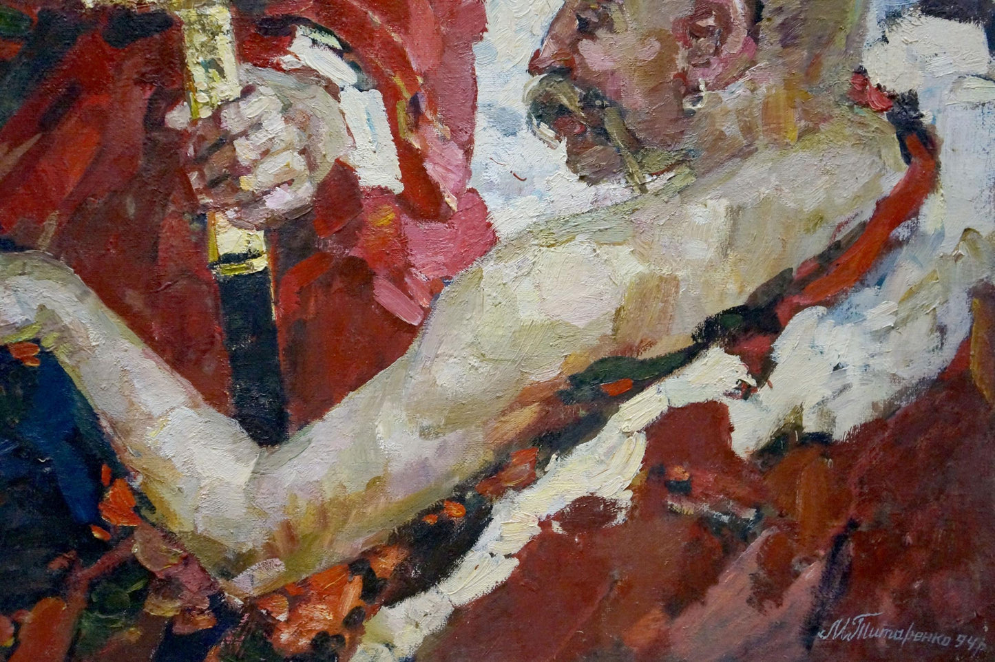 Oil painting Cossacks by Maria Titarenko: man in red robes with staff