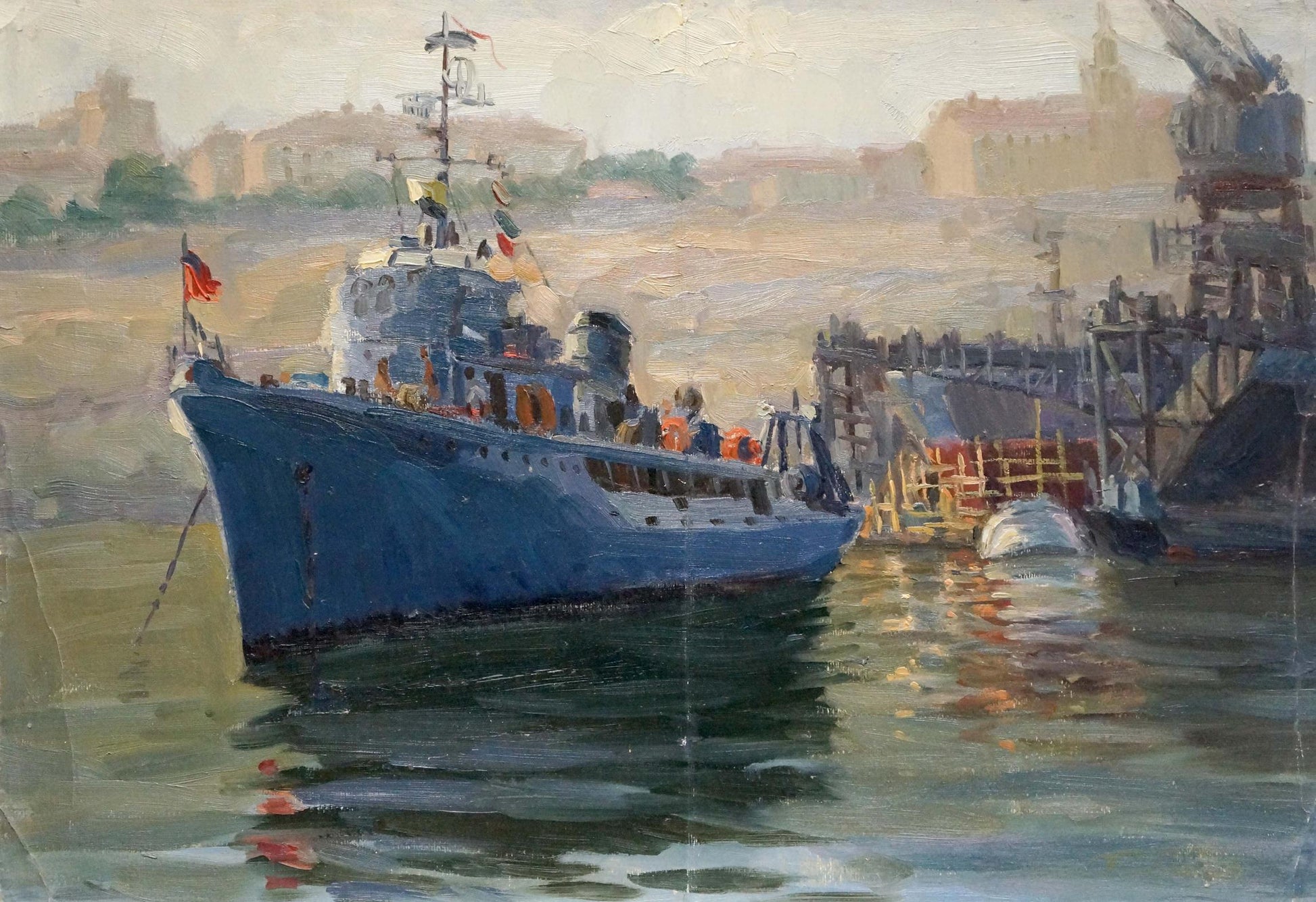 Oil painting by Kolomoitsev Petr Mikhailovich: blue naval ship with red flag docked near cranes