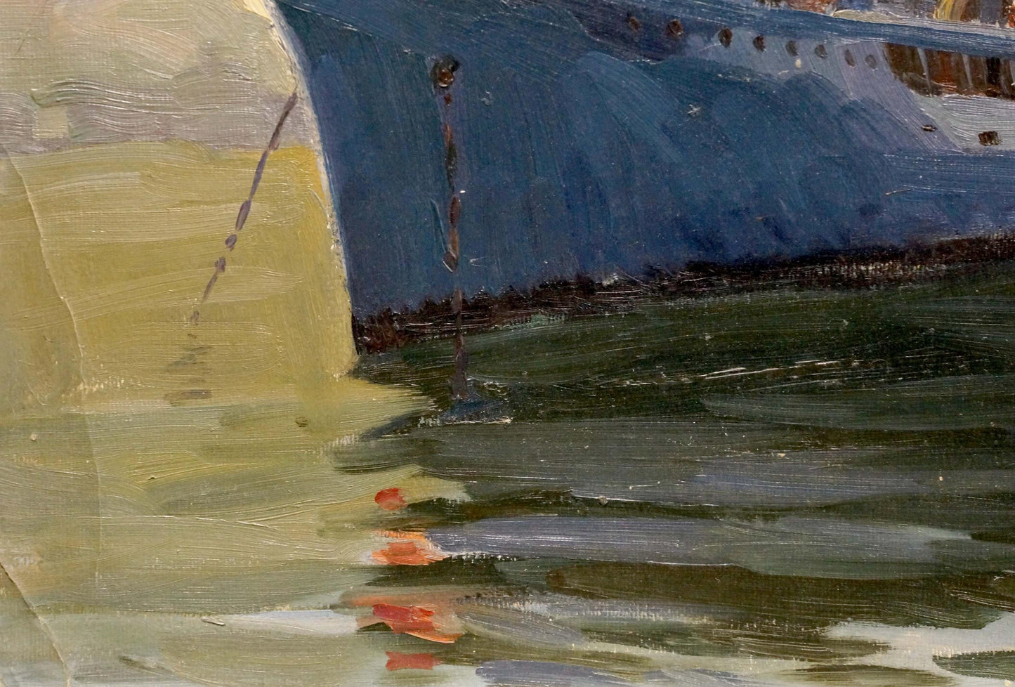 Oil painting Departure by Kolomoitsev Petr Mikhailovich: blue yellow ship hull in water
