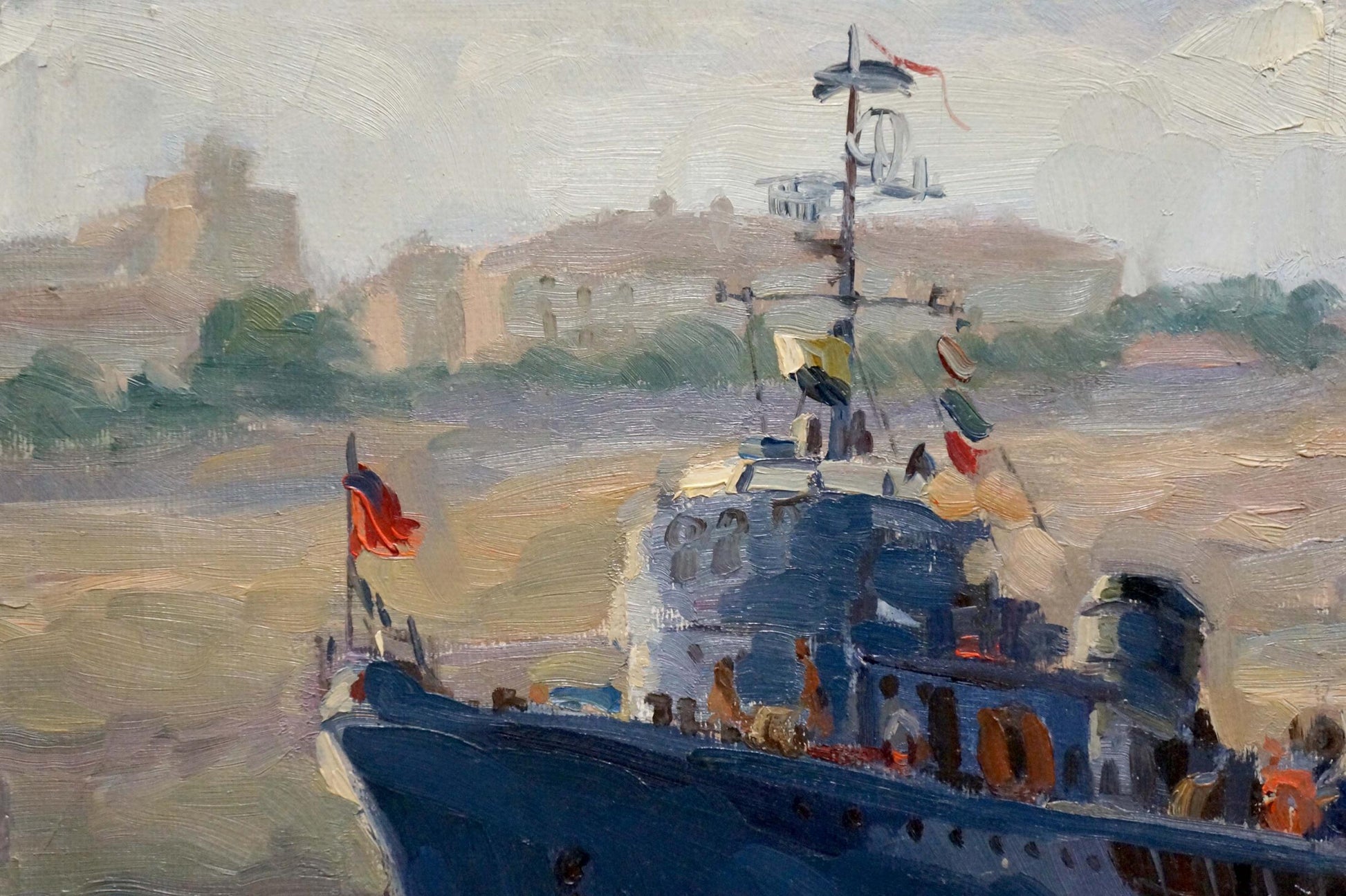 Impressionistic oil painting of blue warship with red flag by Petr Mikhailovich Kolomoitsev