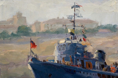 Impressionistic oil painting of blue warship with red flag by Petr Mikhailovich Kolomoitsev