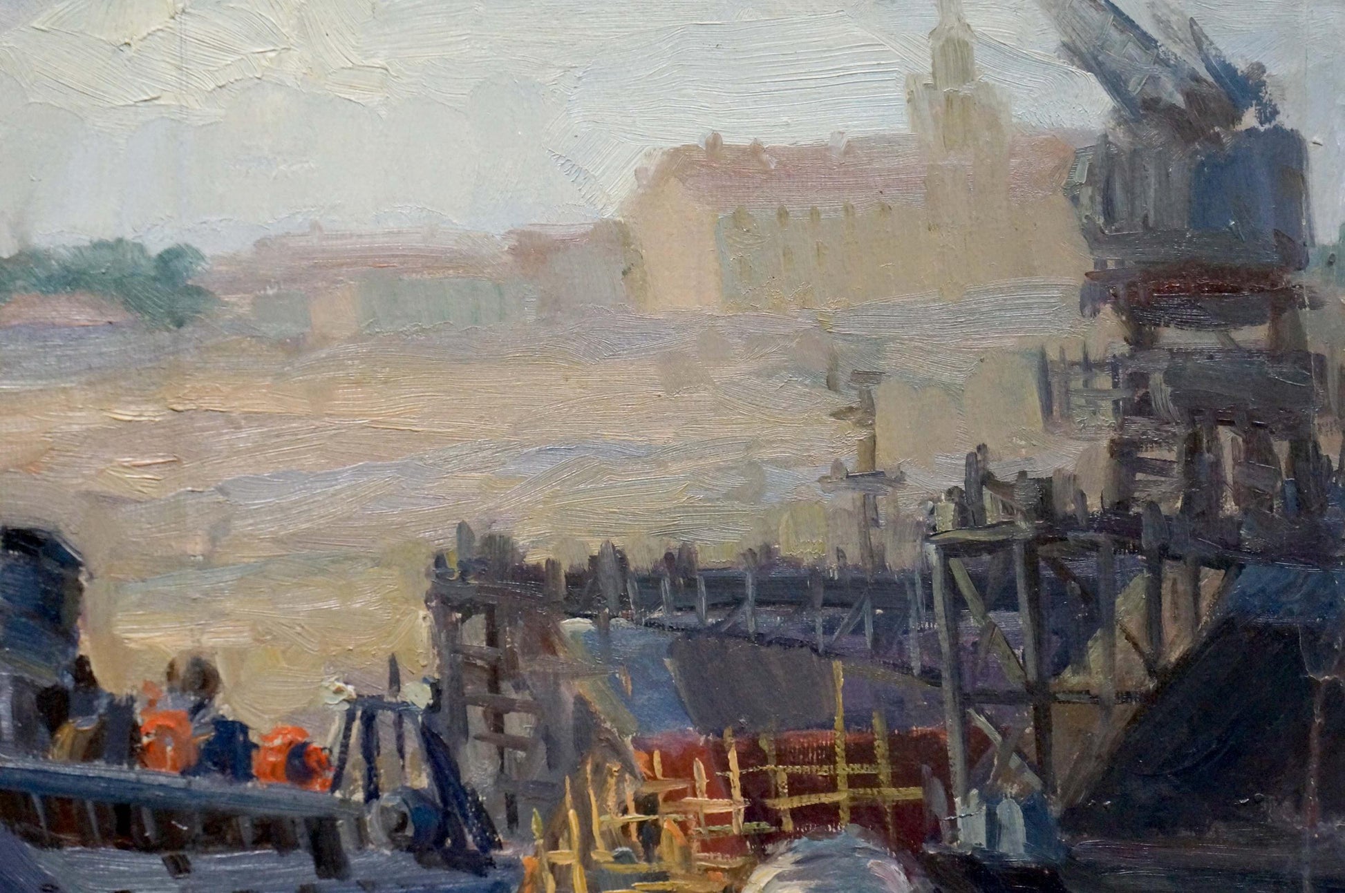 Oil painting Departure by Kolomoitsev Petr Mikhailovich, textured harbor scene