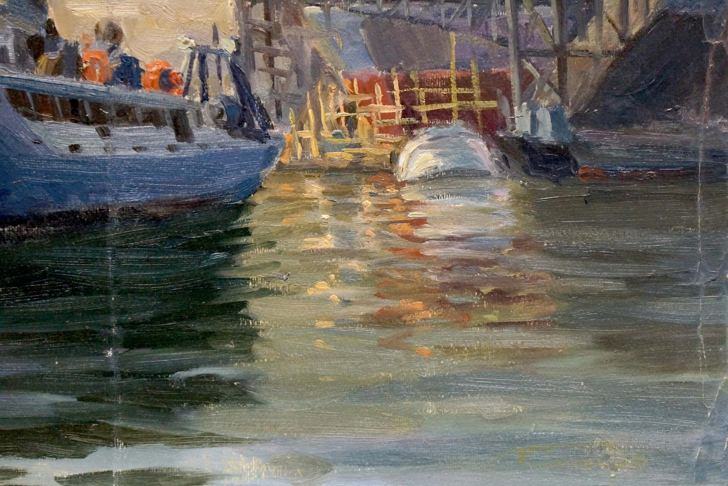 Oil painting Departure by Kolomoitsev Petr Mikhailovich: blue boat in harbor