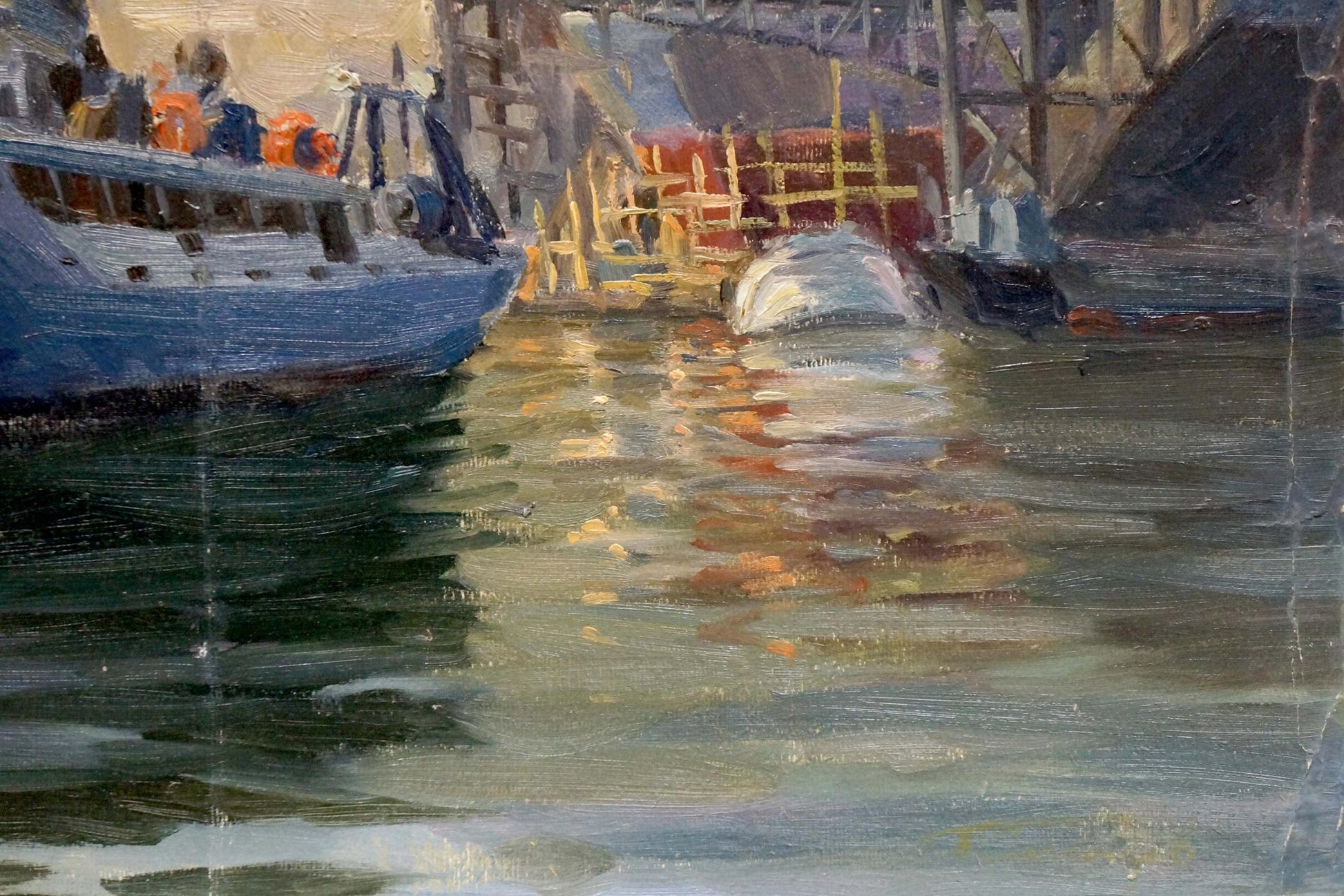 Oil painting Departure by Kolomoitsev Petr Mikhailovich: blue boat in harbor