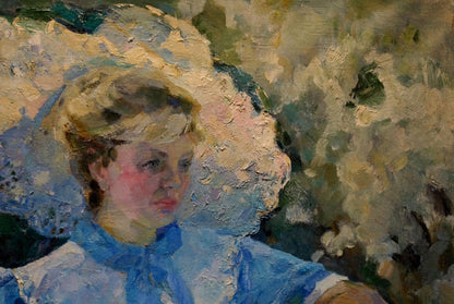 Oil painting of blonde woman in blue dress and hat in garden by Titarenko Maria Anatolyevna