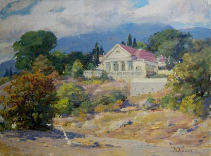 Oil painting by Kisel Ivan Gordeevich: white classical house with red roof among trees