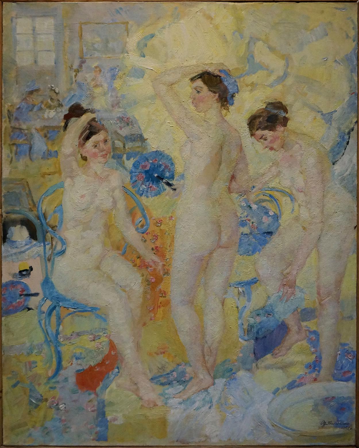 Vibrant impressionist oil painting of three figure women by Tytarenko Odarka Anatoliivna