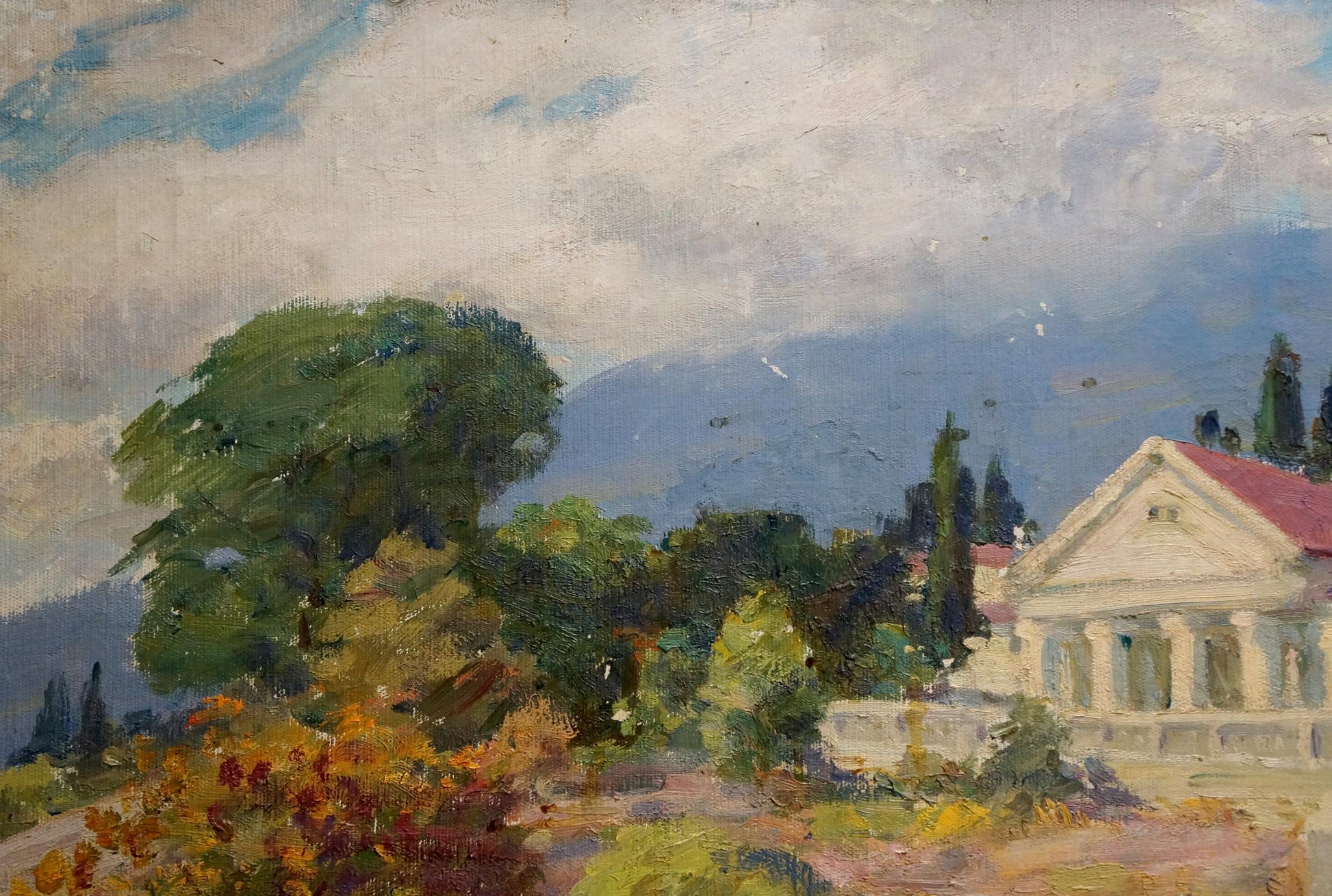 Oil painting by Kisel Ivan Gordeevich: classical white building with red roof amid trees