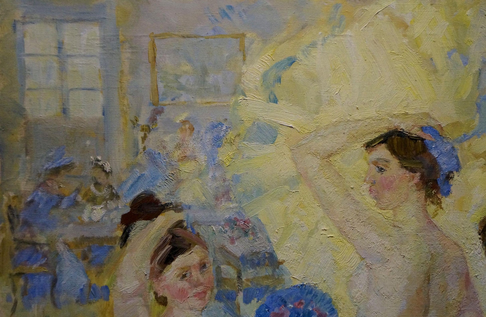 Impressionistic oil portrait by Tytarenko Odarka Anatoliivna of dark-haired female figure with blue ribbon