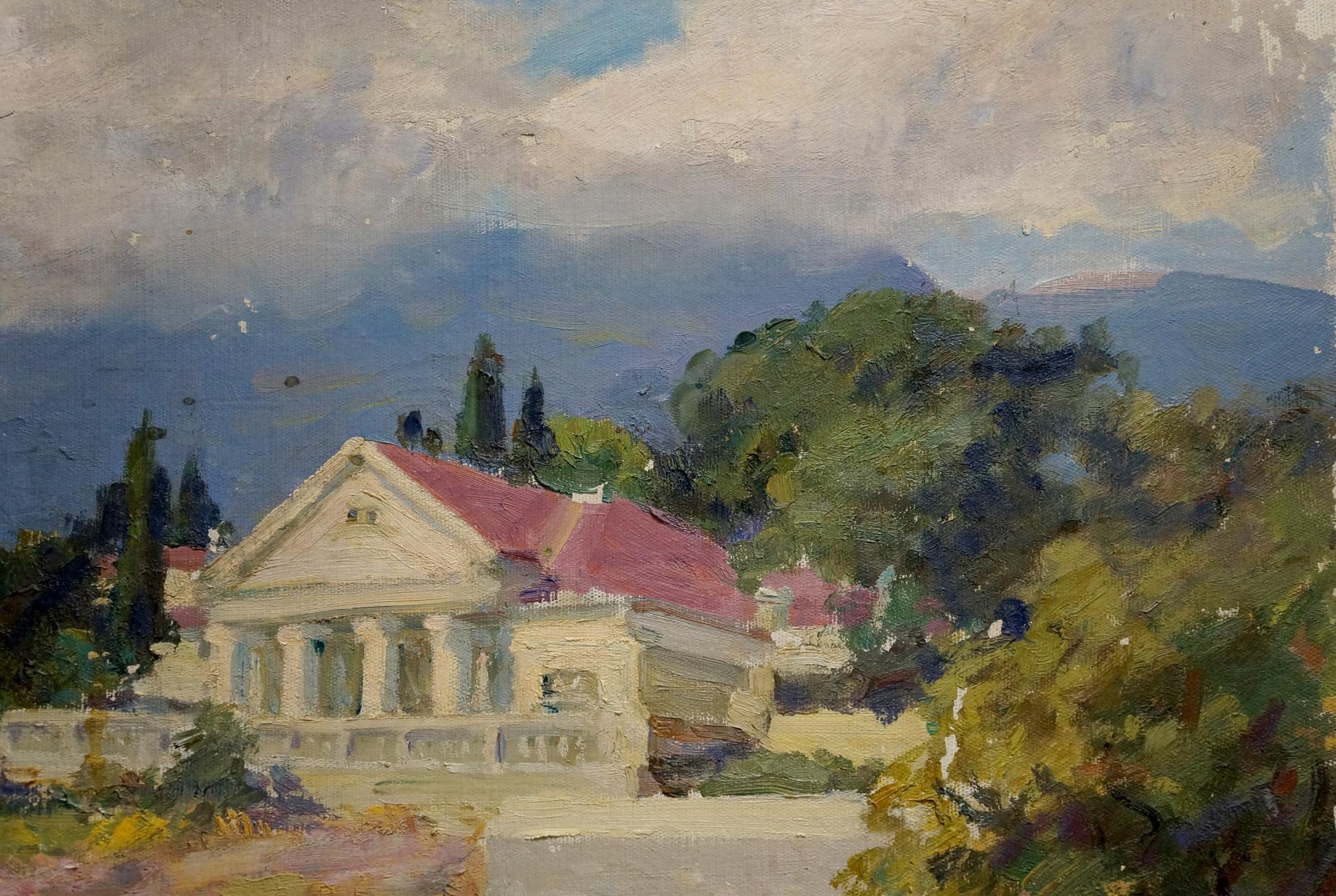 Oil painting by Estate Kisel Ivan Gordeevich: white classical building with red roof