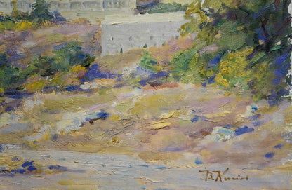 Oil painting Estate by Kisel Ivan Gordeevich: sunlit hillside with foliage