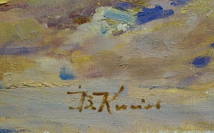 Back of Oil painting Estate Kisel Ivan Gordeevich textured with blended hues and signature