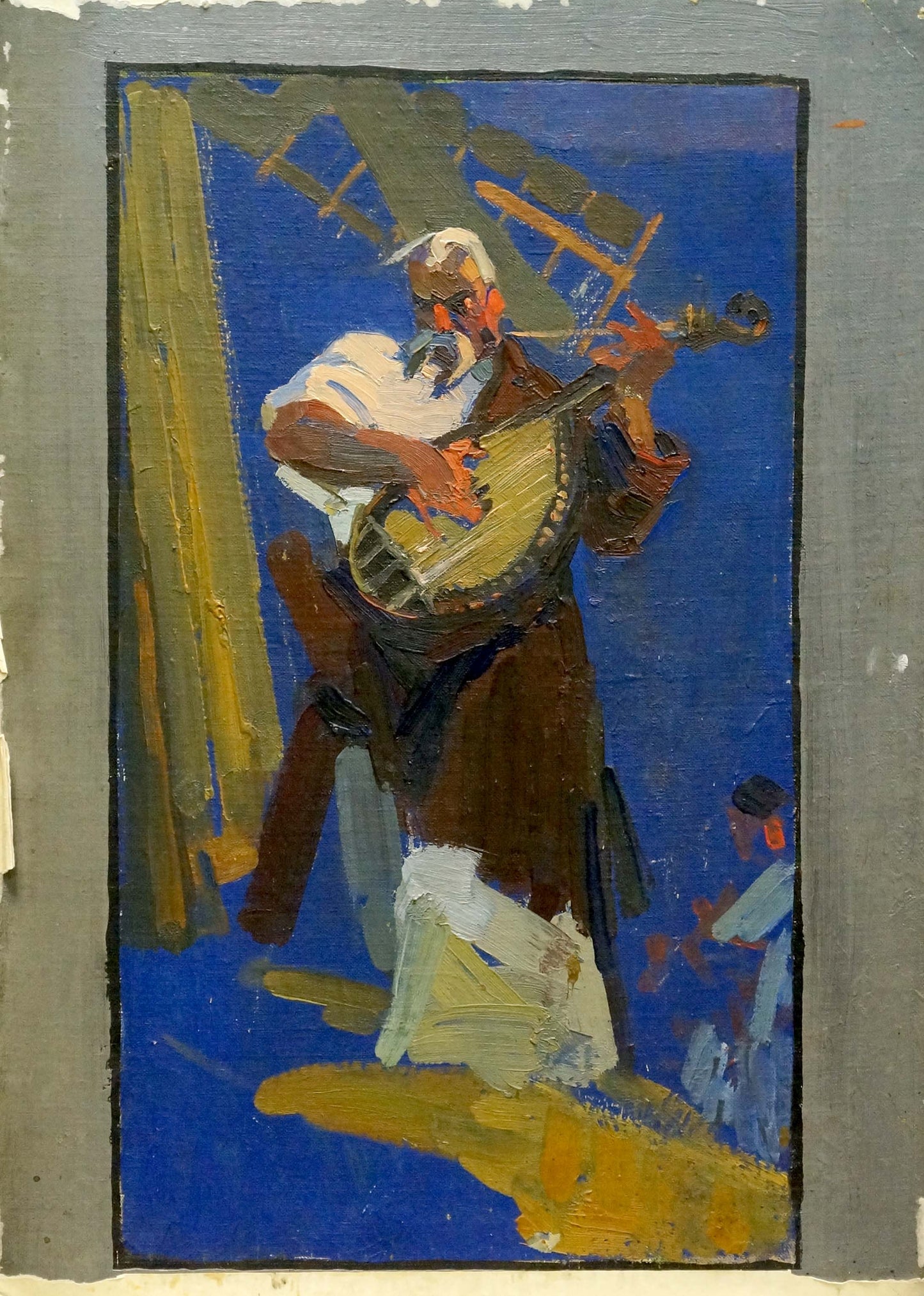 Oil painting portrait of musician in traditional attire playing string instrument on blue background