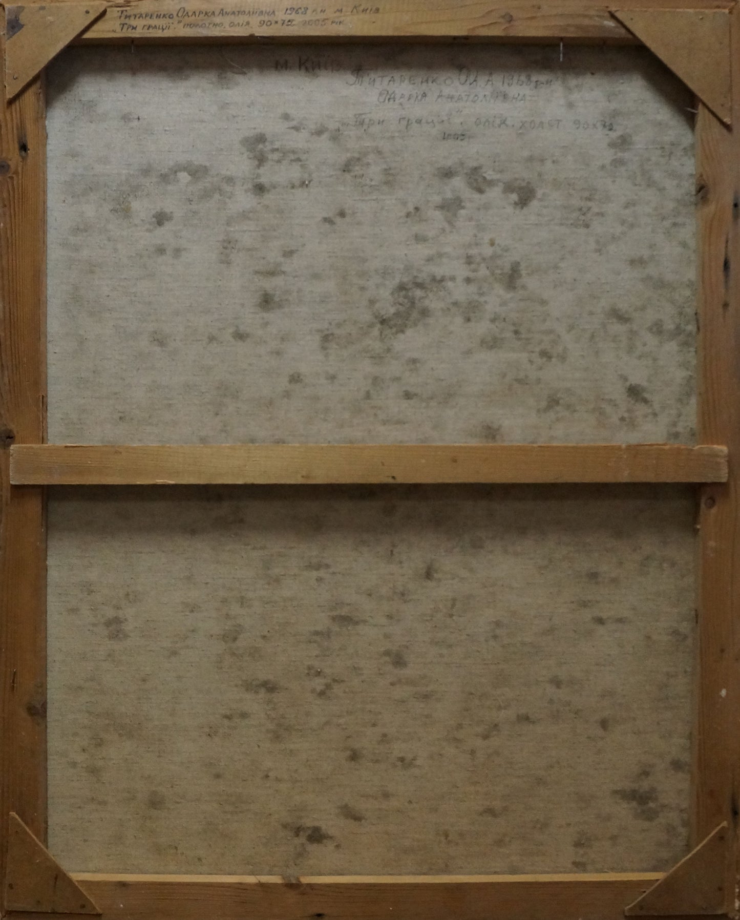 Back of wooden-framed oil painting Portrait of female figures by Tytarenko Odarka Anatoliivna, faded inscriptions