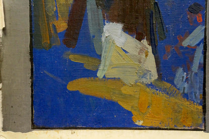 Oil painting portrait of musician with vibrant blue yellow impasto brushstrokes