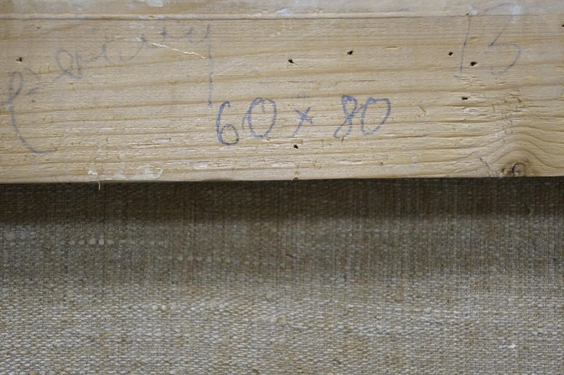Back of Oil painting Estate by Kisel Ivan Gordeevich with handwritten measurements on light wood