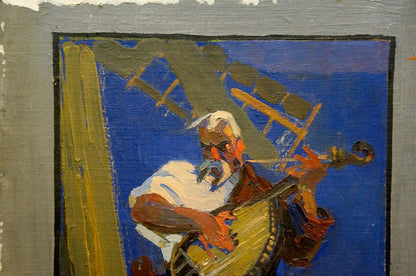 Oil painting portrait of white-haired musician playing lute on blue background