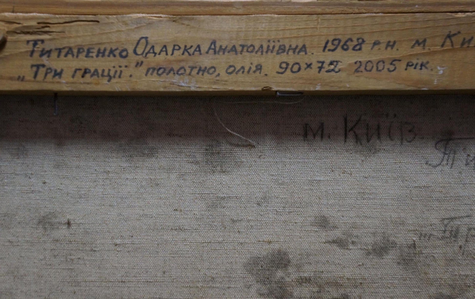 Back of oil painting portrait by Tytarenko Odarka Anatoliivna with wooden stretcher bar inscription