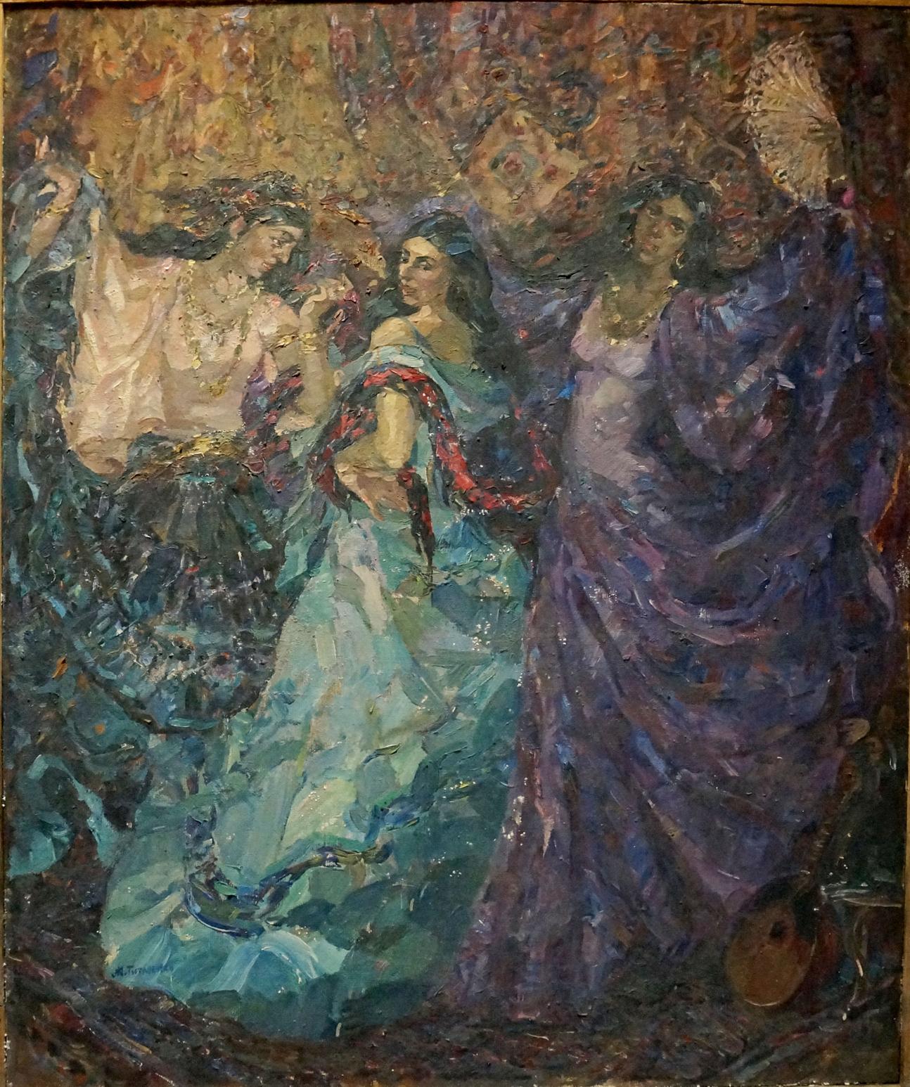 Oil painting Gypsies by Maria Titarenko: three women in teal-purple gowns