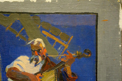 Oil painting portrait of white-haired musician playing upright bass
