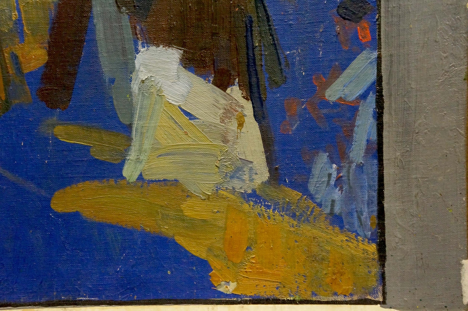 Oil painting portrait of musician with bold blue yellow white brushstrokes
