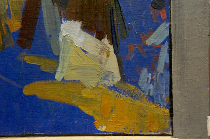Oil painting portrait of musician with bold blue yellow white brushstrokes