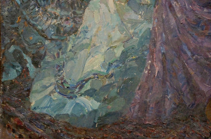 Oil painting Gypsies by Maria Titarenko: impressionistic figure in blue-white robes on earthy backdrop