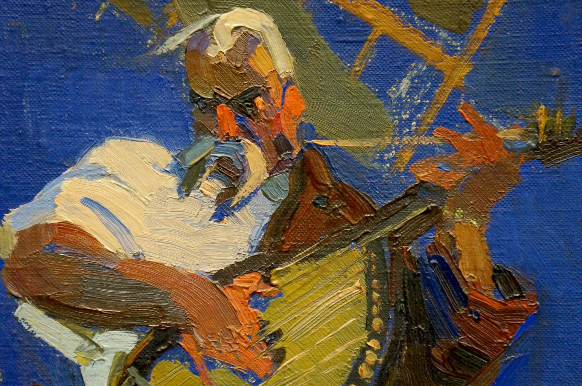 Oil painting portrait of musician playing brown instrument in white orange tones on blue background