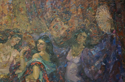 Oil painting Gypsies by Maria Titarenko, vibrant women in blues and purples