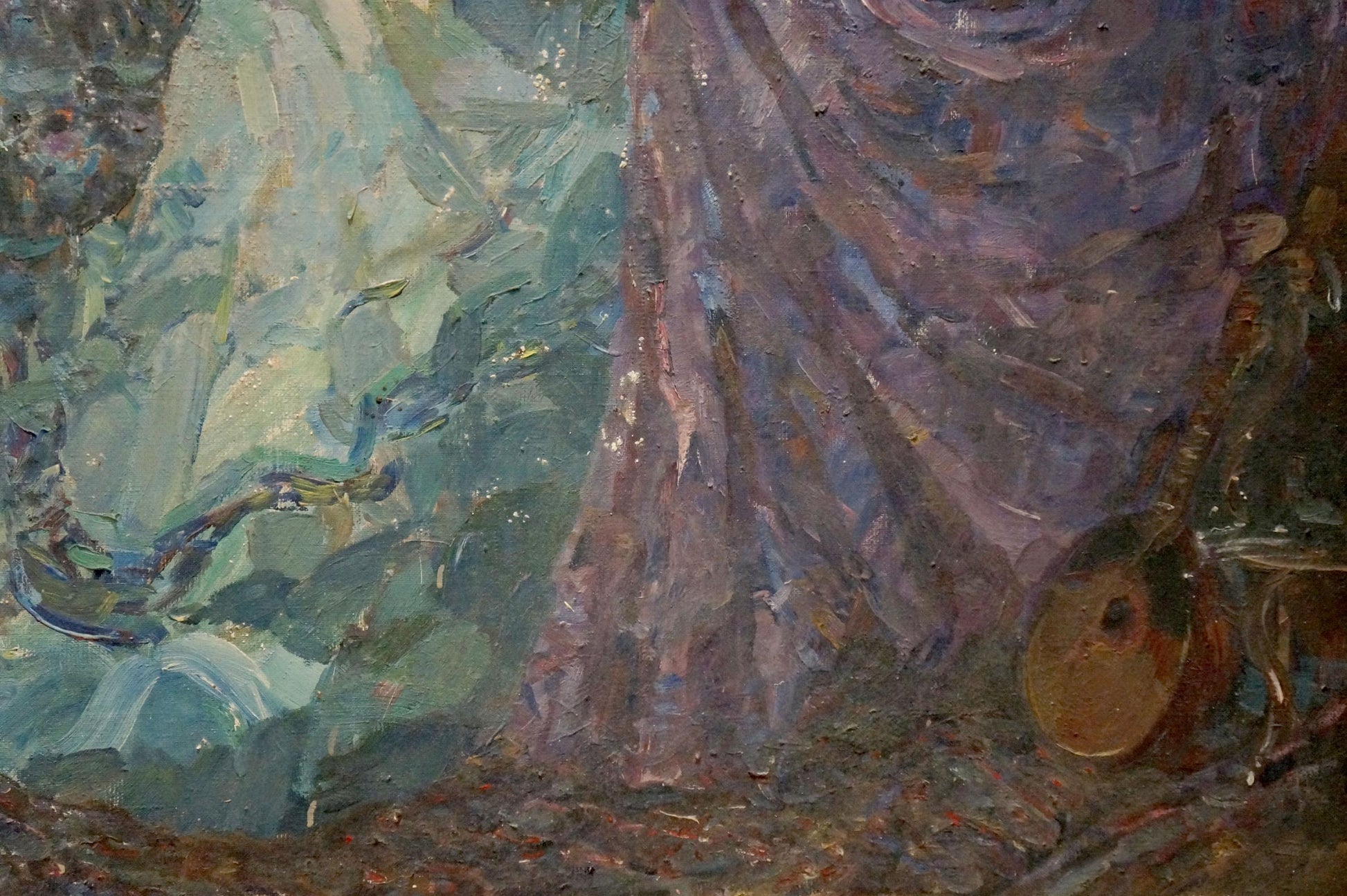 Oil painting Gypsies by Maria Titarenko, draped garment in muted purples and blues