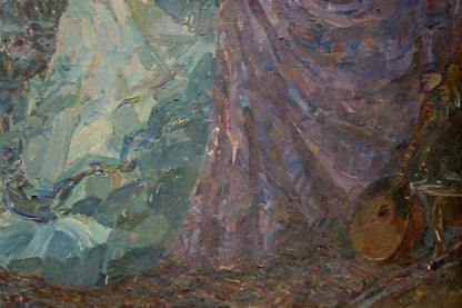 Oil painting Gypsies by Maria Titarenko, draped garment in muted purples and blues