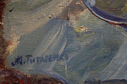 Oil painting Gypsies by Maria Titarenko, textured dark blue with brushstrokes